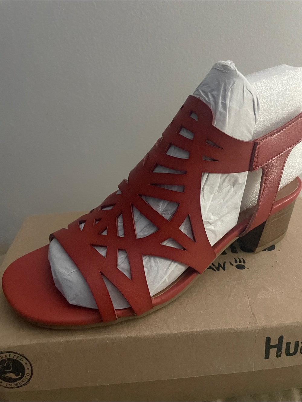 Open-Toe Red Geometric Cutout Block Heel Sandal